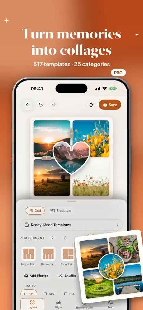 Collage editor: photos in a heart-shaped collage, 517 templates in 25 categories