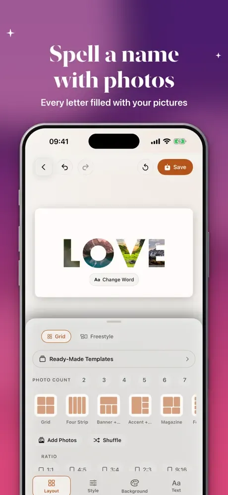 Word collage: the letters of LOVE filled with photos