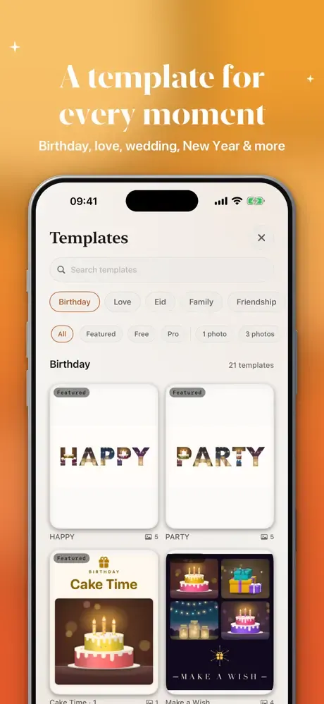 Templates: ready-made designs for birthdays, love, holidays and family