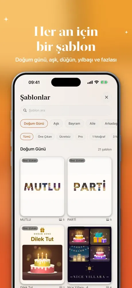 Şablonlar: doğum günü, aşk, bayram ve aile kategorilerinde hazır tasarımlar